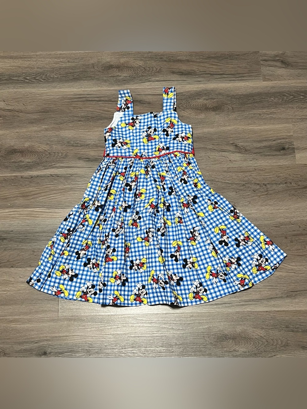 Disney Mickey Mouse Girls *4T/5T Dress Blue Gingham Red Bow Handmade Ruffle